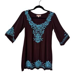 Scully Embroidered Boho Tunic Brown Turquoise Festival Top 60s Hippie Size M